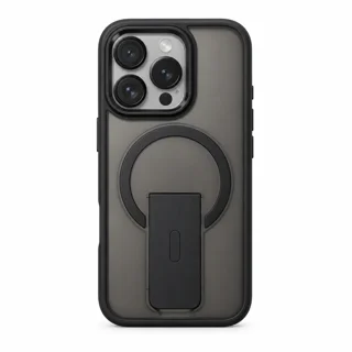 نمای مستقیم قاب دودی پایه‌دار مشکی نصب‌شده روی iPhone 16 Pro
