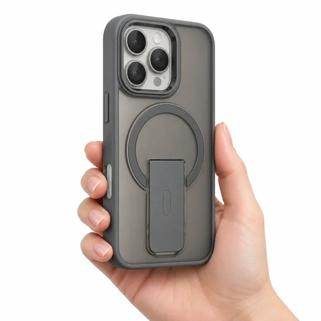 قاب دودی پایه‌دار خاکستری iPhone 16 Pro در دست روی پس‌زمینه سفید