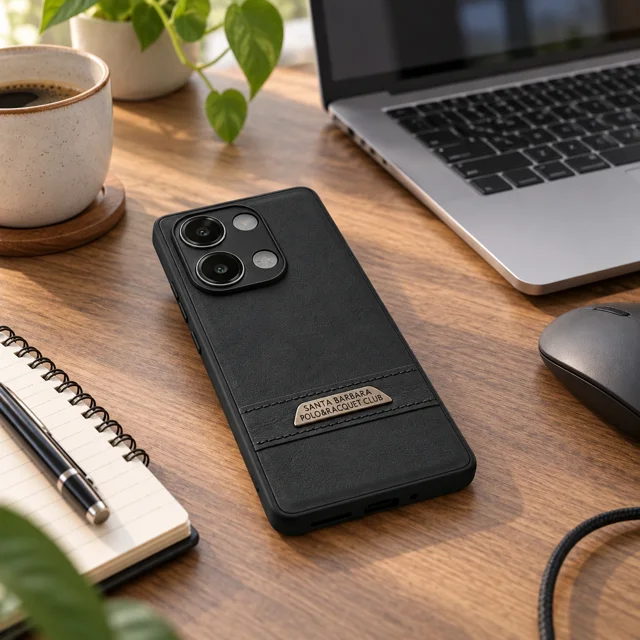 قاب چرمی‌نمای مشکی Xiaomi Redmi Note 13 Pro 4G روی میز کار کنار لپ‌تاپ