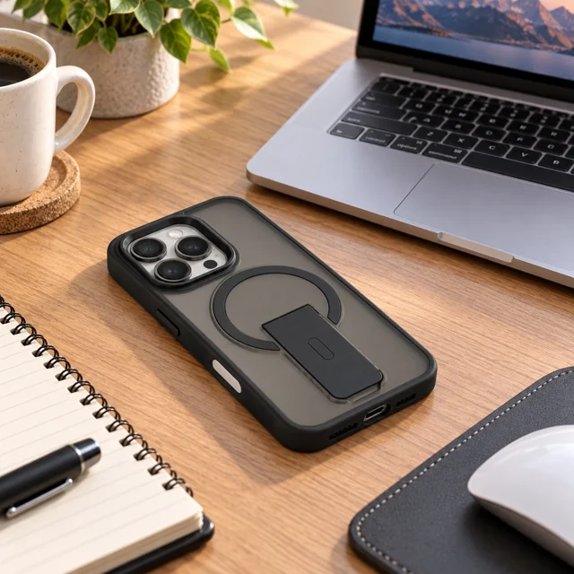 قاب دودی پایه‌دار مشکی iPhone 16 Pro خوابیده روی میز کار کنار لپ‌تاپ
