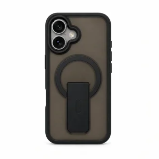 نمای مستقیم قاب دودی پایه‌دار برلیا مشکی نصب‌شده روی iPhone 16