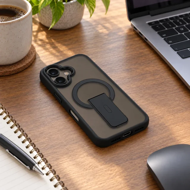 قاب دودی پایه‌دار برلیا مشکی iPhone 16 خوابیده روی میز کار کنار لپ‌تاپ