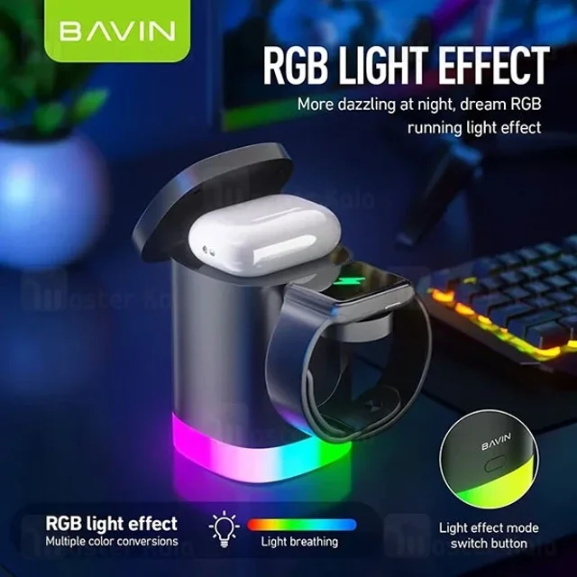 استند و شارژر وایرلس چندکاره باوین Bavin PC1033 توان 15 وات با قابلیت شارژ اپل واچ - تصویر 3