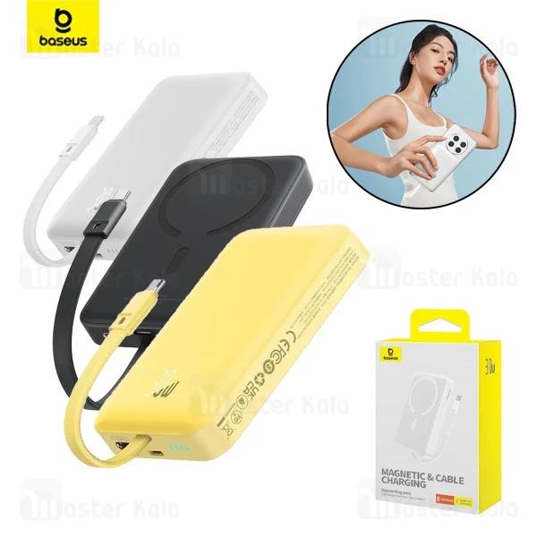 پاوربانک وایرلس 10000 مگنتی بیسوس Baseus P1002210B223 Magnetic Mini توان 30 وات با کابل Type C متصل