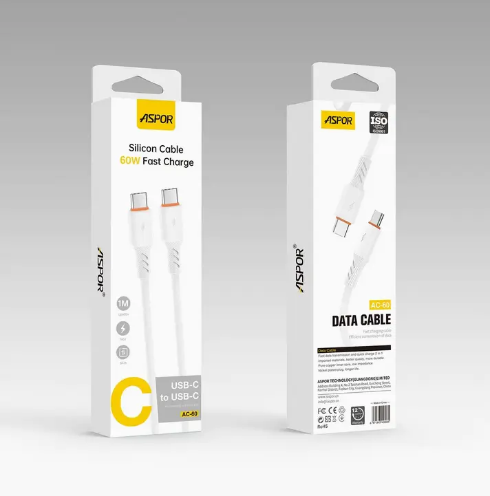 کابل سیلیکونی شارژ سریع ۴۲ واتی آسپور مدل AC-60 (USB-C به USB-C)