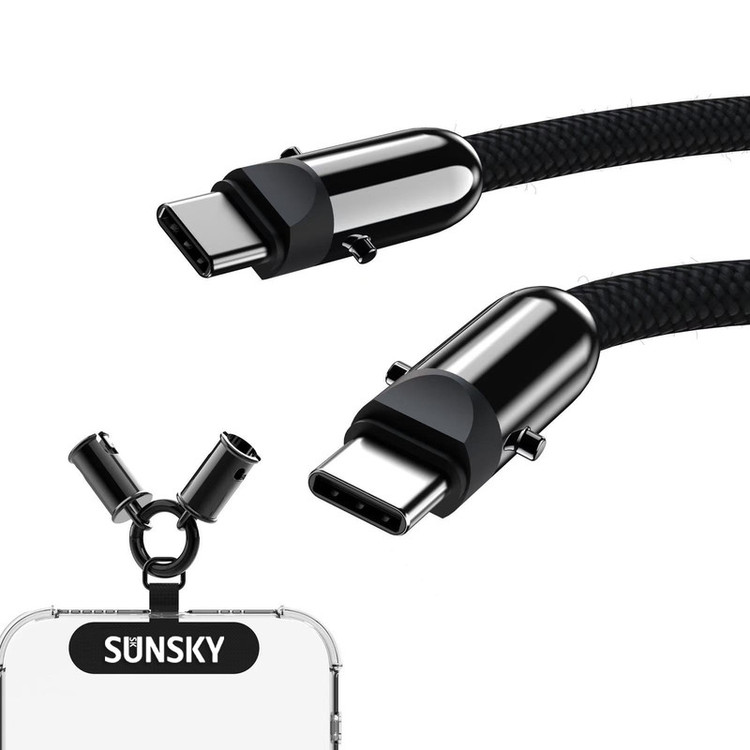 کابل دیتا و شارژ Type-C به Type-C سان اسکای مدل فابریک با بند گردنی و چندکاره (Phone Lanyard Cable)