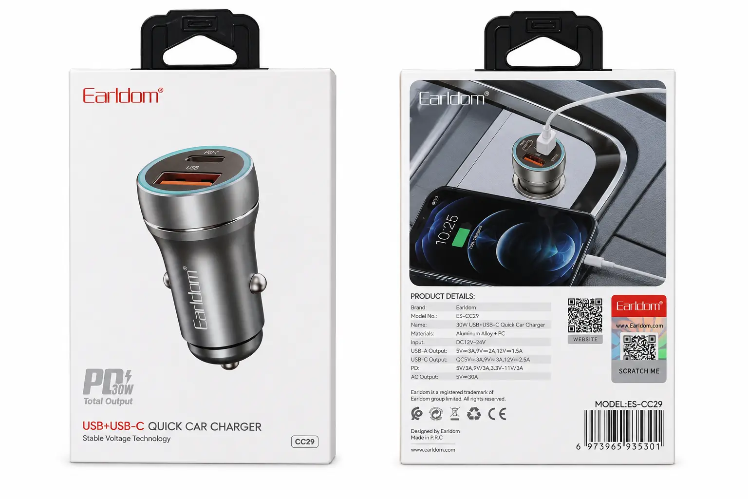 شارژر فندکی خودرو ارلدام مدل ES-CC29 دو پورت (USB + USB-C) با قابلیت PD سریع ۳۰ وات