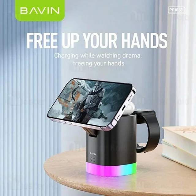 استند و شارژر وایرلس چندکاره باوین Bavin PC1033 توان 15 وات با قابلیت شارژ اپل واچ - تصویر 2