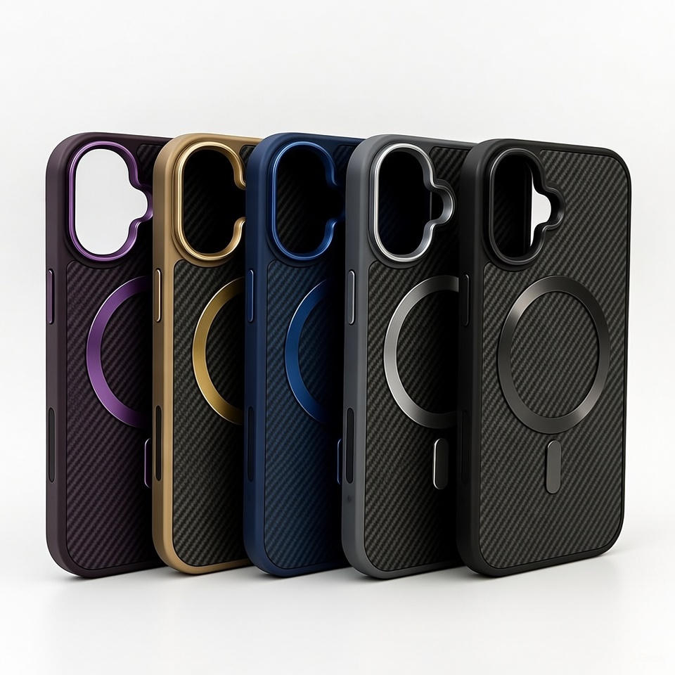 قاب آیفون 16 مگسیف‌دار طرح فیبر کربن با دور لنز و دکمه‌های فلزی