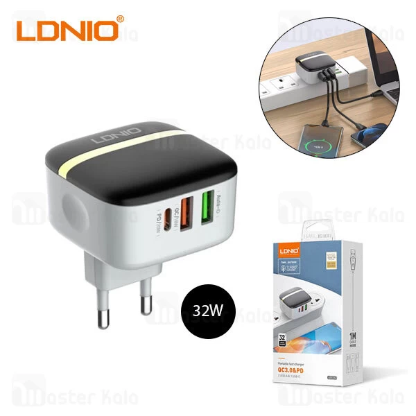 شارژ دیواری الدینو LDNIO A3513Q PD QC3 AutoID توان 32 وات همراه با کابل